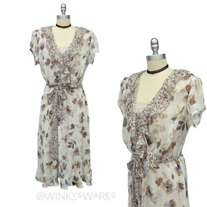 Vintage Y2K Midi Dress Size XL 14 Floral Ruffle MSK Lined Tan Belted Whimsygoth